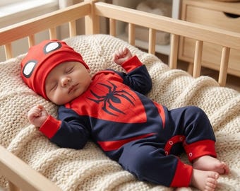 Spinne Baby Jumpsuit, Baby Boy Strampler mit Hut, Spiderman Neugeborene Cosplay, Baby Spidey Kostüm Geschenk