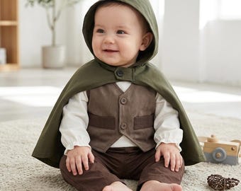 Baby Hobbit Kostüm-Set, Herr der Ringe, Babykostüm, Mittelalterliches Ringträger Outfit mit Umhang, Weste & Hose - Baby Halloween Anzug