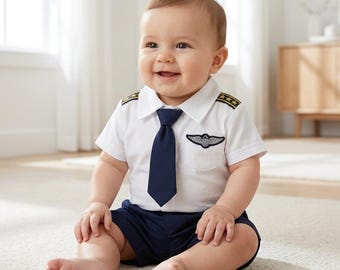 Baby Pilot Costume Set, Aviator Outfit Shirt & Shorts 2Pcs, Baby Boy Costume Cosplay, Kids Pilot Outfit, Newborn Photo Prop Gift