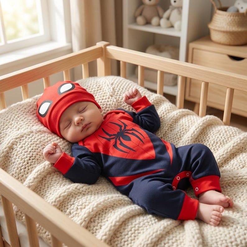 Op de afbeelding: Een slapende baby in een Spider-Man-outfit. De outfit is marineblauw en rood, met een spinnenembleem op de borst. De baby draagt ook een bijpassende rode muts met witte oogdetails. De baby ligt in een houten wieg op een cr&egrave;mekleurige deken.