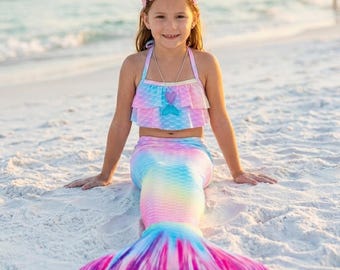 Regenboogbadpak met zeemeerminstaart voor meisjes, zeemeerminset voor kinderen met ruche aan de bovenkant, sirenekostuum voor strandfotoshoot