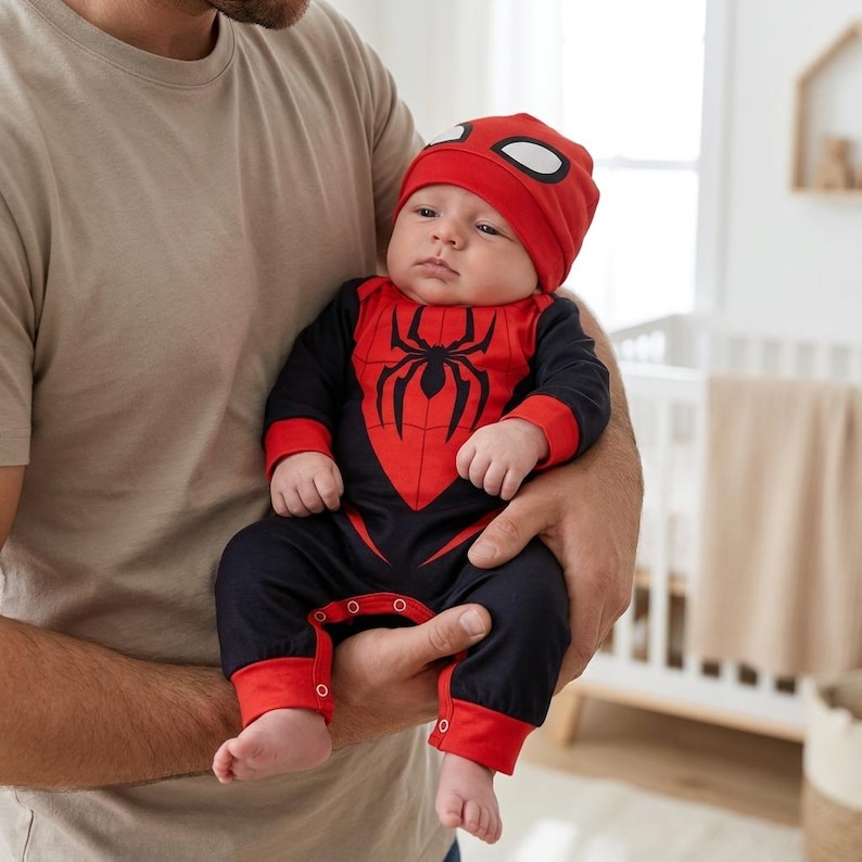 Op de afbeelding: Een baby gekleed in een Spider-Man-outfit, inclusief een rood-zwarte jumpsuit en een bijpassende muts. De jumpsuit heeft een groot spinnenembleem op de borst. De baby wordt door een volwassene vastgehouden.