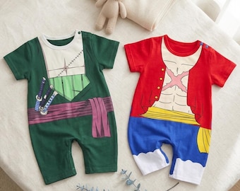 Anime Baby Kostüm Romper, Roronoa Zoro & Monkey D Luffy Kostüm, Süßer Baby Overall, Strohhut Piraten Geschenk