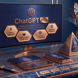 Puede incluir: Un ordenador, una tableta y un smartphone se muestran en un escritorio con un tema azul y dorado. La pantalla del ordenador muestra "ChatGPT Plus" con características clave. También hay una pirámide decorativa y un bolígrafo. El tema general es la tecnología y la productividad.