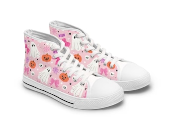 Cute Pink Ghosts and Pumpkins High Top Sneakers | Halloween Pattern