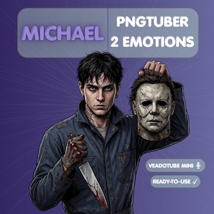 Op de afbeelding: Een digitale illustratie van een personage in een donkerblauwe overall met een bebloed mes en een verweerd wit masker. De tekst luidt MICHAEL, PNGTUBER 2 EMOTIONS, VEADOTUBE MINI en READY-TO-USE. Het personage heeft donker haar en een nektatoeage.