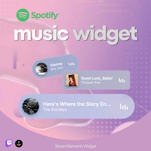 May include: A Spotify music widget graphic with a purple and pink gradient background. The widget displays three song titles: "Vienna" by Billy Joel, "Good Luck, Babe!" by Chappell Roan, and "Here's Where the Story En..." by The Sundays.
