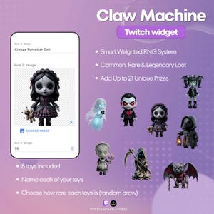 Op de afbeelding: Promotieafbeelding voor een "Claw Machine" Twitch-widget, met een selectie van griezelig speelgoed. De afbeelding bevat een preview van de "Creepy Porcelain Doll" en ander speelgoed zoals een vampier, geest en de Grim Reaper. Tekst benadrukt functies zoals een slim RNG-systeem.
