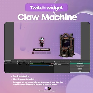 Op de afbeelding: Een digitale weergave met een "Claw Machine" Twitch-widget. De afbeelding bevat een miniatuur vampierfiguur en een grijpmachine-afbeelding. Tekst bevat "Twitch widget", "Claw Machine" en instructies voor gebruik.