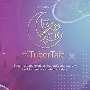 Op de afbeelding: Een gouden logo voor TuberTale, met een kat met een potlood op een halve maan, een ster en de tekst "TuberTale". De achtergrond is een verloop van paars en blauw met abstracte vormen en de tekst "Stream art and overlays that craft your story - built for creative content creators."