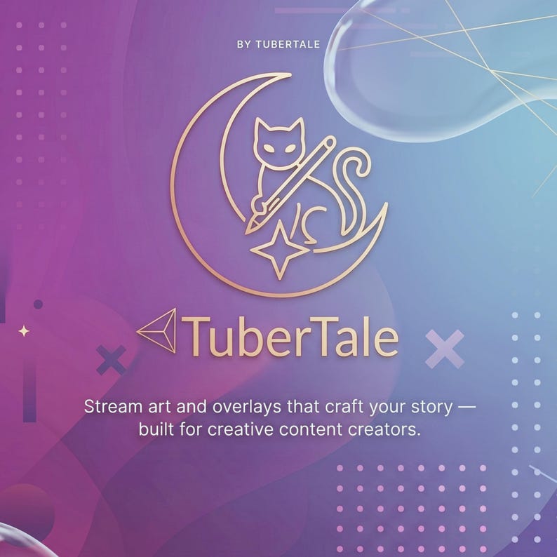 Op de afbeelding: Een gouden logo voor TuberTale, met een kat met een potlood op een halve maan, een ster en de tekst "TuberTale". De achtergrond is een verloop van paars en blauw met abstracte vormen en de tekst "Stream art and overlays that craft your story - built for creative content creators."