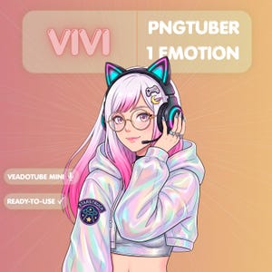 May include: Digital illustration of an anime-style character with pink and white hair, wearing cat ear headphones and glasses. The image includes the text "VIVI", "PNGTUBER 1 EMOTION", "VEADOTUBE MINI", and "READY-TO-USE". The character is wearing a holographic hoodie.