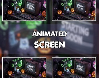 Animated Halloween Twitch Screens, Spooky Cozy Game Room Stream Overlay, Retro CRT Monitor & Ghost Cat, VTuber Background, Starting Soon