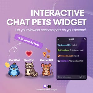 May include: An interactive chat pets widget for streaming featuring pixel art characters including a blue bird, a raccoon, and a mouse. The graphic displays text reading INTERACTIVE CHAT PETS WIDGET, Add up to 32 Pets, and a simulated chat box interface.