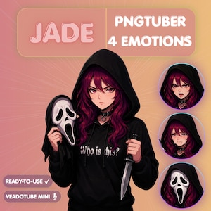 May include: A digital character illustration titled JADE PNGTUBER 4 EMOTIONS featuring a person with long magenta hair wearing a black hoodie with the text Who is this? holding a white ghost mask and a silver knife, with three additional facial expressions.