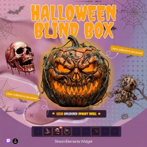 May include: A Halloween blind box digital display featuring a glowing, carved jack-o'-lantern, a blood-stained human skull, and a stitched voodoo doll. The graphic includes the text HALLOWEEN BLIND BOX, LELIA UNLEASHED SPOOKY SKULL, and StreamElements Widget.