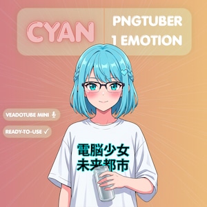 Könnte beinhalten: Eine Anime-Figur mit cyanfarbenen Haaren und Brille trägt ein weißes T-Shirt mit schwarzem japanischem Text. Die Figur hält eine silberne Getränkedose. Textüberlagerungen sind "CYAN", "PNGTUBER 1 EMOTION", "VEADOTUBE MINI" und "READY-TO-USE".