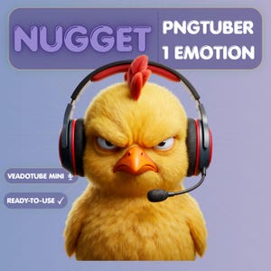 May include: A cartoon image of an angry yellow chick wearing a headset with a microphone. The chick has an orange beak and a red comb. Text in the image reads "NUGGET", "PNGTUBER 1 EMOTION", "VEADOTUBE MINI", and "READY-TO-USE".