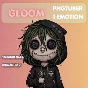 Puede incluir: Ilustración digital de un personaje parecido a una muñeca con cabello verde y ojos grandes y oscuros. El personaje lleva una sudadera con capucha negra y sostiene una llave. El texto incluye "Gloom", "PNGTUBER", "1 EMOTION", "VEADOTUBE MINI" y "READY-TO-USE".