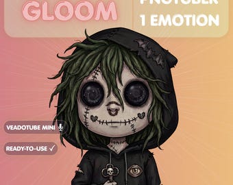 Modello PNGTuber di bambola inquietante, ragazza oscura, streamer horror gotica, risorsa reattiva Veadotube, vtuber bambola di pezza