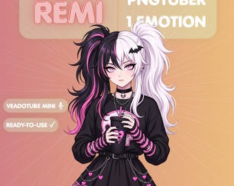 Egirl PNGTuber Model, Split Hair Anime Streamer, Dark Kawaii Goth Girl Avatar, Veadotube Mini, Twitch YouTube Kick