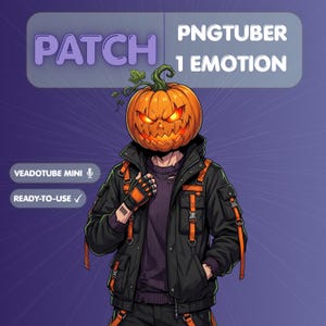 May include: A digital character illustration featuring a pumpkin head with glowing eyes, wearing a black jacket with orange straps over a dark purple shirt. Text includes PATCH, PNGTUBER, 1 EMOTION, VEADOTUBE MINI, and READY-TO-USE on a purple background.