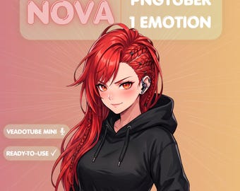 Modella PNGTuber dai capelli rossi, streamer anime E-Girl, Veadotube Mini, ragazza con felpa, PNG Tuber predefinita, avatar da gamer girl