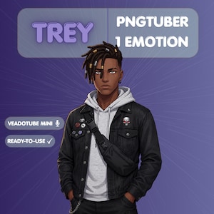 May include: A digital character illustration of a person with dark skin and dreadlocks featuring metallic beads, wearing a light gray hoodie under a black denim jacket with pins and a crossbody bag. Text reads: TREY, PNGTUBER, 1 EMOTION, VEADOTUBE MINI, READY-TO-USE.