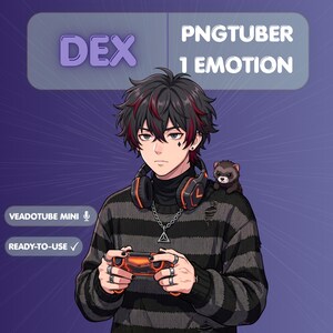 May include: Digital illustration of a character named DEX, a PNGTuber with one emotion. The character has black hair with red highlights, wearing a black and gray striped sweater, headphones, and holding a game controller. A small ferret sits on their shoulder. Text includes "VEADOTUBE MINI" and "READY-TO-USE".