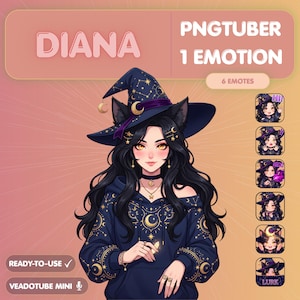 Pode incluir: Uma ilustração de personagem digital intitulada Diana PNGTuber 1 Emotion 6 Emotes. A personagem tem cabelos pretos longos, orelhas de gato e olhos amarelos, vestindo um chapéu de bruxa e moletom azul escuro com padrões de luas e estrelas douradas.