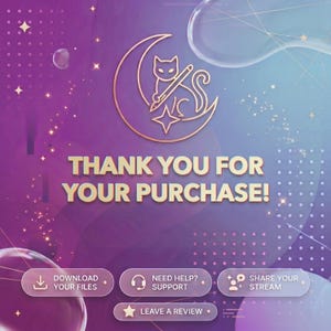 Op de afbeelding: Digitale afbeelding met een paarse en blauwe gradi&euml;nt achtergrond. De afbeelding toont een gouden kat en maan logo, met de tekst "THANK YOU FOR YOUR PURCHASE!" en knoppen voor ondersteuning en beoordelingen.