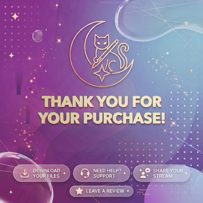 Op de afbeelding: Digitale afbeelding met een paarse en blauwe gradi&euml;nt achtergrond. De afbeelding toont een gouden kat en maan logo, met de tekst "THANK YOU FOR YOUR PURCHASE!" en knoppen voor ondersteuning en beoordelingen.