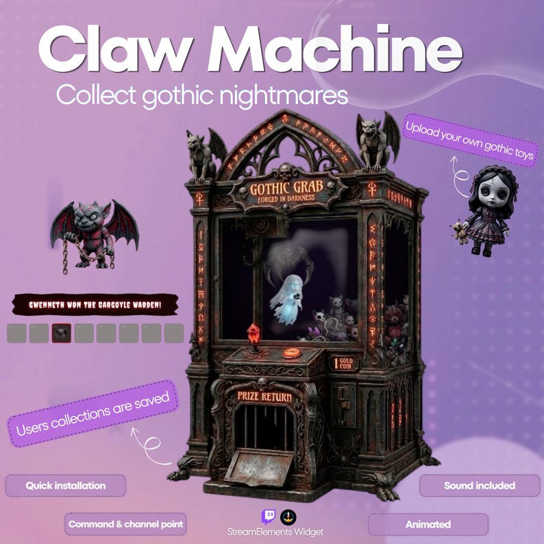 Op de afbeelding: Een donkere, gotische klauwmachine met de tekst "Claw Machine" en "Collect gothic nightmares". De machine heeft waterspuwerbeelden, een prijsretour en de tekst "Gothic Grab". De afbeelding bevat ook een pop.