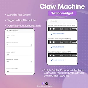 Op de afbeelding: Een paarse afbeelding die een "Claw Machine" Twitch-widget promoot. De afbeelding toont instellingen voor monetisatie, geluidsopties en de tekst "Monetize Your Stream!" en "Automate Your Loyalty Rewards". Het bevat de tekst "3 hoogwaardige SFX inbegrepen".