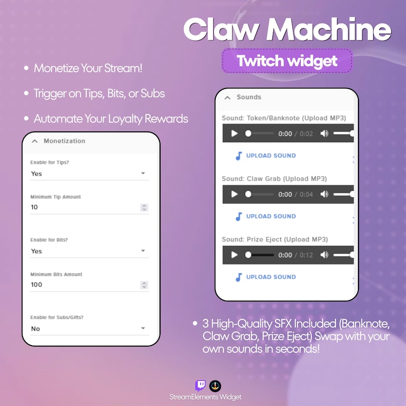 Op de afbeelding: Een paarse afbeelding die een "Claw Machine" Twitch-widget promoot. De afbeelding toont instellingen voor monetisatie, geluidsopties en de tekst "Monetize Your Stream!" en "Automate Your Loyalty Rewards". Het bevat de tekst "3 hoogwaardige SFX inbegrepen".