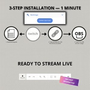 Op de afbeelding: Een afbeelding die een installatie in 3 stappen in &eacute;&eacute;n minuut illustreert. De stappen omvatten het downloaden van een gids, verbinding maken met Twitch en het plakken van een code in OBS. De afbeelding bevat ook de tekst "Ready to Stream Live" en een paarse banner met "Instant Download".