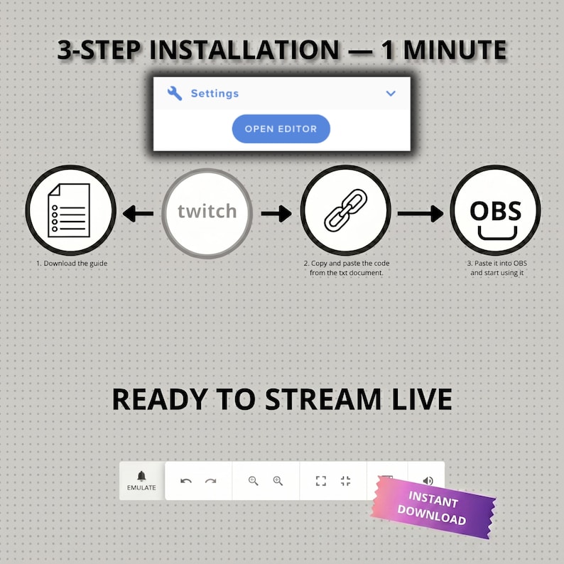 Op de afbeelding: Een afbeelding die een installatie in 3 stappen in &eacute;&eacute;n minuut illustreert. De stappen omvatten het downloaden van een gids, verbinding maken met Twitch en het plakken van een code in OBS. De afbeelding bevat ook de tekst "Ready to Stream Live" en een paarse banner met "Instant Download".