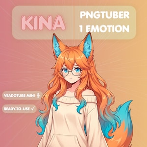 May include: Digital art of a character named Kina, a PNGTuber with fox-like features. Kina has orange hair with blue tips, blue eyes, and wears glasses and a white sweater. The image includes the text "VEADOTUBE MINI" and "READY-TO-USE".