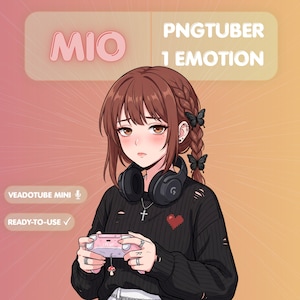 May include: Digital illustration of a young woman with brown hair, wearing a black sweater and headphones, holding a pink game controller. The image includes text that says "MIO", "PNGTUBER 1 EMOTION", "VEADOTUBE MINI", and "READY-TO-USE".