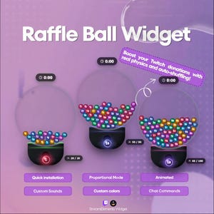 以下が含まれることがあります： 透明な容器の中に、3つの段階の宝くじボールがある「Raffle Ball Widget」のイラスト。ウィジェットには、クイックインストール、カスタムサウンド、比例モード、カスタムカラー、アニメーションチャットコマンドのオプションがあります。「Boost your Twitch donations with real physics and auto-shuffling!」というテキストも表示されます。