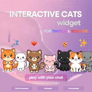 May include: An interactive cats widget for Twitch and YouTube featuring seven cartoon cats in various colors including orange, white, brown, pink, black, calico, and gray. The text reads INTERACTIVE CATS widget FOR TWITCH & YOUTUBE.