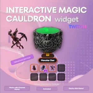 May include: An interactive magic cauldron widget for Twitch featuring a dark, ornate cauldron with skull and pumpkin motifs, a green liquid interior, and a Monster Dex interface displaying collectible monster icons and a gacha mini-game.