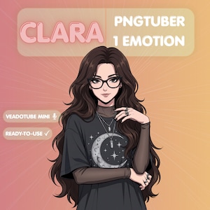 May include: A digital illustration of a character named Clara, a PNGtuber with long wavy dark brown hair, wearing black cat-eye glasses, a dark grey t-shirt with a moon and star graphic, and a layered long-sleeve top. Text includes CLARA, PNGTUBER 1 EMOTION, VEADOTUBE MINI, and READY-TO-USE.