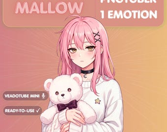 Modello anime PNGTuber per Veadotube Mini, avatar egirl con capelli rosa, sprite Twitch per giochi accoglienti, risorsa streaming orso con maglione bianco PNG