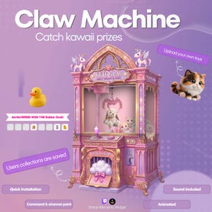 May include: A pink and gold claw machine with the text "Claw Machine" and "Catch kawaii prizes". The machine has a "Cute Grab" sign and includes plush toys. A yellow rubber duck is shown, with the text "denler959595 WON THE Rubber Duck!"