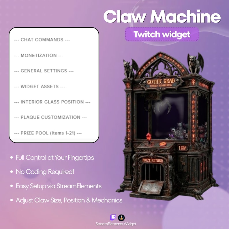 Op de afbeelding: Een donkerbruine klauwmachine met een gotisch thema met de tekst "Claw Machine" en "Twitch widget". De machine heeft een "GOTHIC GRAB"-bord en een "PRIZE RETURN"-deur. De machine heeft een rode edelsteen en een klauw binnenin.
