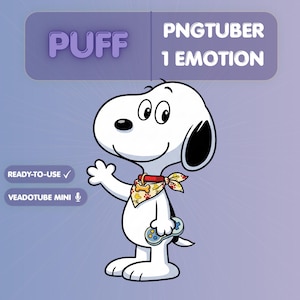 May include: A digital illustration of a white cartoon dog with a black ear, wearing a red collar with a bone tag and a patterned bandana. The dog holds a grey game controller and waves. Text includes PUFF, PNGTUBER 1 EMOTION, READY-TO-USE, and VEADOTUBE MINI.