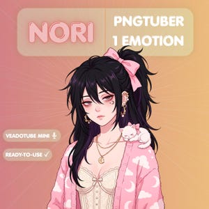 Puede incluir: Ilustración digital de un personaje femenino de anime con cabello negro, un lazo rosa y un gato blanco. Lleva una rebeca rosa con diseños de nubes y lunas. Incluye el texto "NORI" y "PNGTUBER 1 EMOTION".