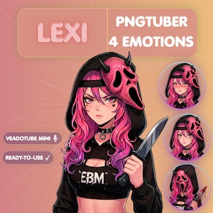 May include: Digital artwork featuring a character called Lexi, a PNGTuber with four different emotional expressions. Lexi has pink hair, a black hoodie, and a pink mask. She is holding a knife. The image includes the text "VEADOTUBE MINI" and "READY-TO-USE".