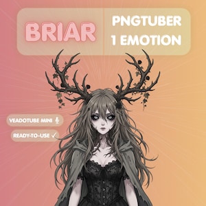 May include: A digital character illustration titled BRIAR PNGTUBER 1 EMOTION. The character has long grey hair, dark eyes, and large black antlers adorned with small roses and leaves. They wear a black lace corset and a grey hooded cloak.